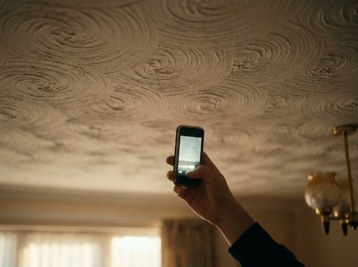A hand holding up a phone to photograph a swirled Artex ceiling