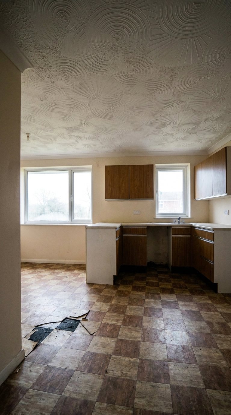 A 1970s UK kitchen with a swirled Artex ceiling and old floor tiles, a few lifted to show black adhesive